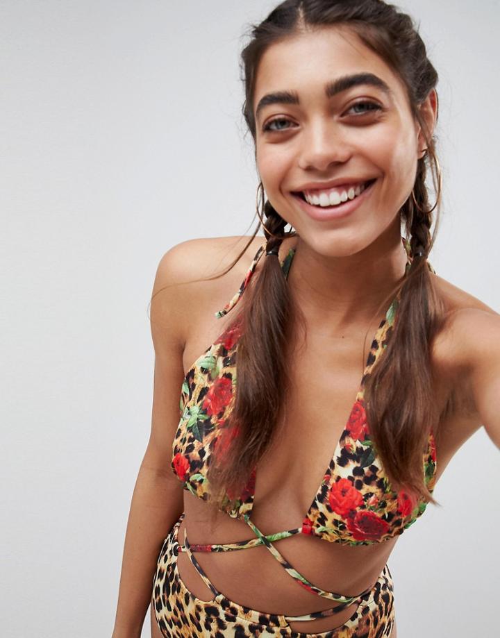 Asos Design Rose & Brushed Leopard Print Strappy Swimsuit - Multi