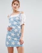 The English Factory Denim Pinafore Dress In Star Print - Blue