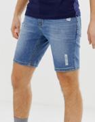 Asos Design Denim Shorts In Skinny Light Wash Blue With Abrasions - Blue
