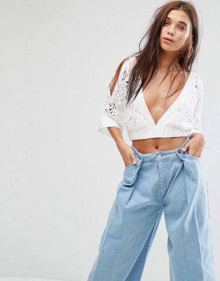 Missguided Kimono Sleeve Lace Crop Top - White