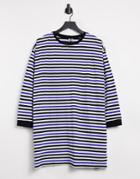 Asos Design Oversized Long Sleeve T-shirt Dress In Blue Black And White Stripe-multi