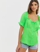Asos Design Square Neck Top With Ruffle Detail In Neon - Green
