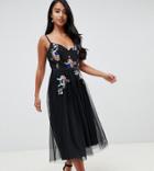 Little Mistress Petite Embellished Bodice Tulle Midi Dress In Black - Black