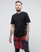 Asos Longline T-shirt With Check Hem Extender And Mock Tie Waist - Bla