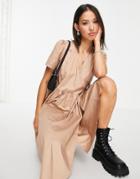 Object Elvira Puff Sleeve Midi Dress In Beige-neutral