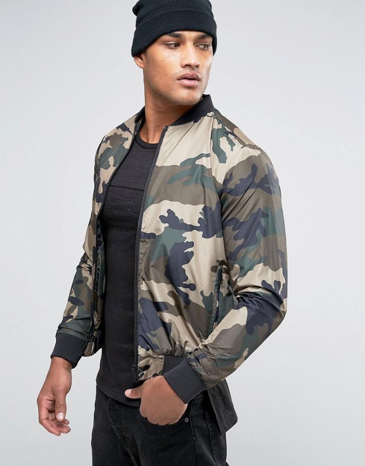 Brave Soul Camo Bomber Jacket - Green