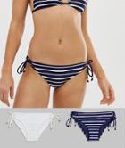 Dorina Valencia Two Pack Tie Side Bikini Bottom Set In Navy Stripe And White Crochet - Navy
