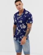 Asos Design Skinny Floral Shirt In Navy