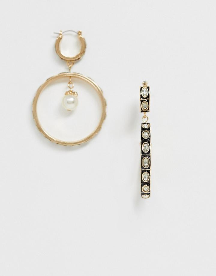 Asos Design Hoop Earrings With Crystal And Pearl Drop In Gold Tone - Gold