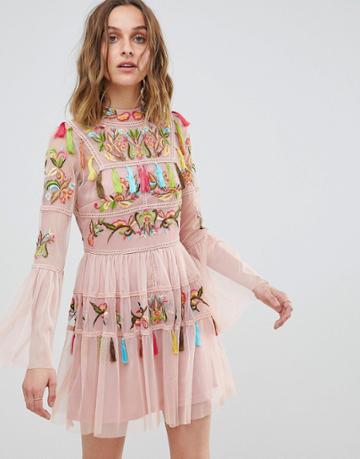 Frock And Frill Folk Embroidered Tassel Skater Dress-pink