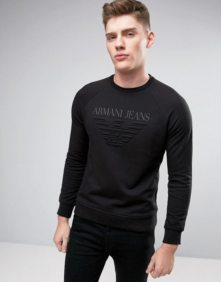 Armani Jeans Emboss Logo Sweat Crewneck Regular Fit In Black - Black
