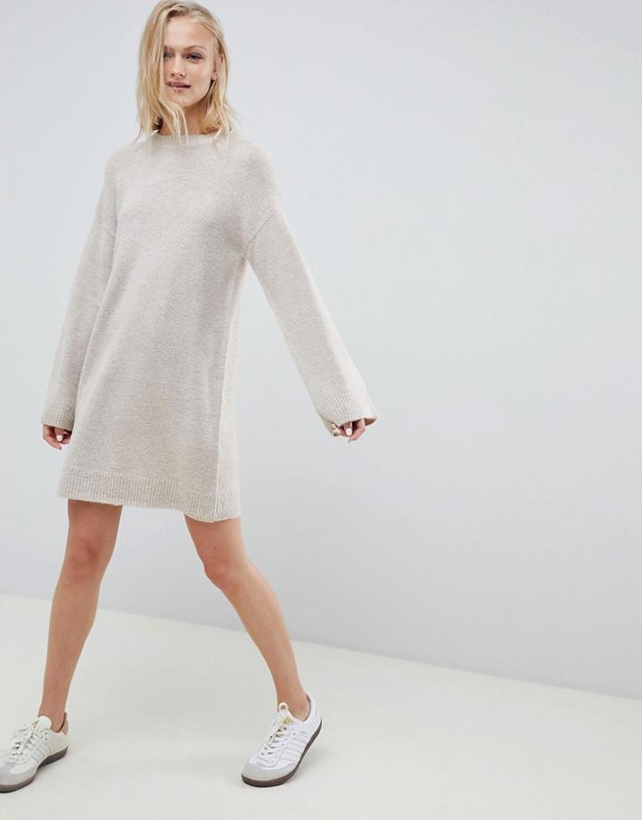 Asos Design Knitted Mini Dress In Fluffy Yarn-beige