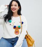 Brave Soul Plus Reindeer Christmas Sweater With Pom Poms - Cream