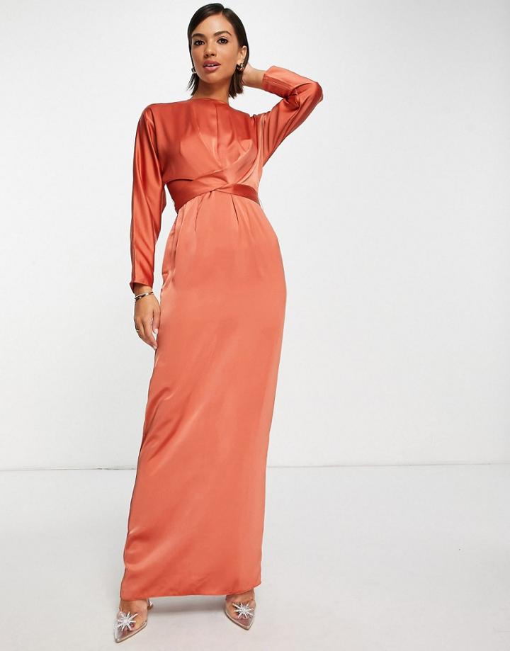 Asos Design Satin Maxi Dress With Batwing Sleeve And Wrap Waist In Rust-brown