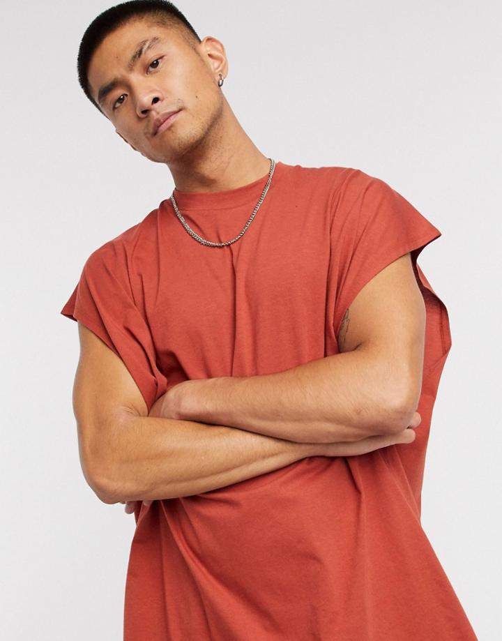 Asos Design Extreme Oversized Longline Lightweight Sleeveless T-shirt In Burnt Red-brown