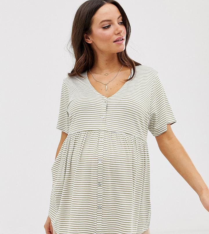 Asos Design Maternity Nursing V Neck Button Through Short Sleeve Top In Stripe - Multi