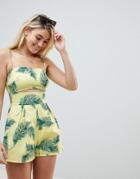 Asos Design Cami Romper With Cut Out Detail In Linen In Leaf Print - Multi