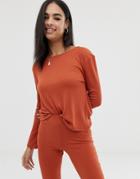 Asos Design Lounge Ribbed Top With Slashed Neck - Orange