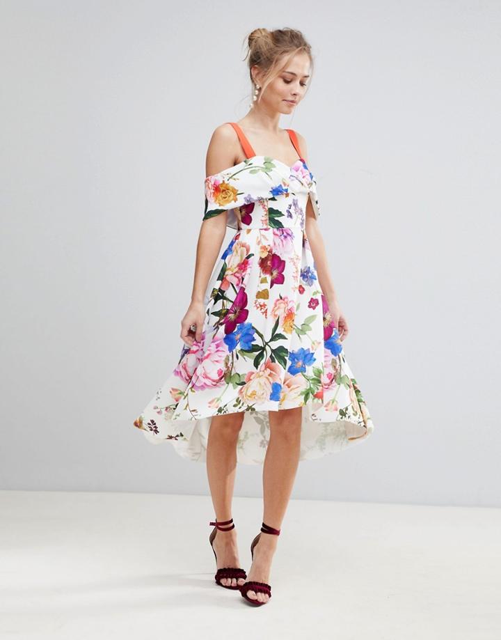 Asos Botanical Floral Cold Shoulder Midi Prom Dress - Multi