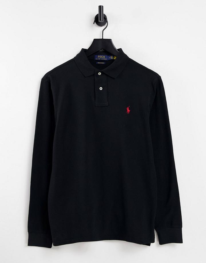 Polo Ralph Lauren Player Logo Long Sleeve Pique Polo In Black