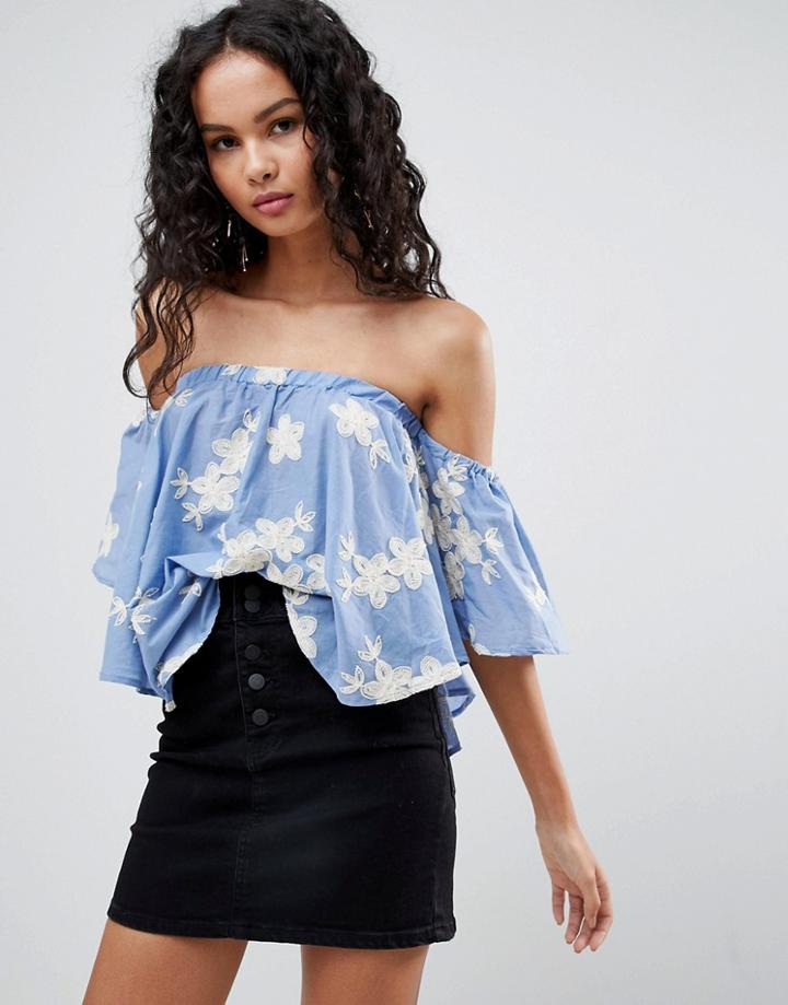 Qed London Floral Embroidered Denim Off Shoulder Top - Blue