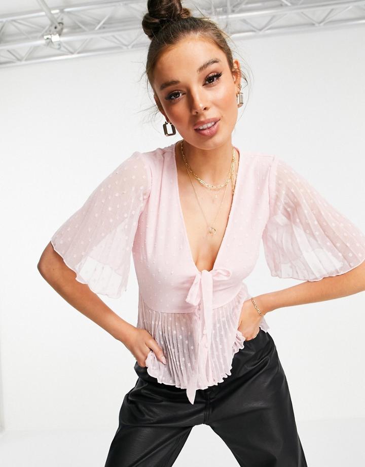 Asos Design Textured Pleated Peplum Top With Button And Tie Detail In Pink