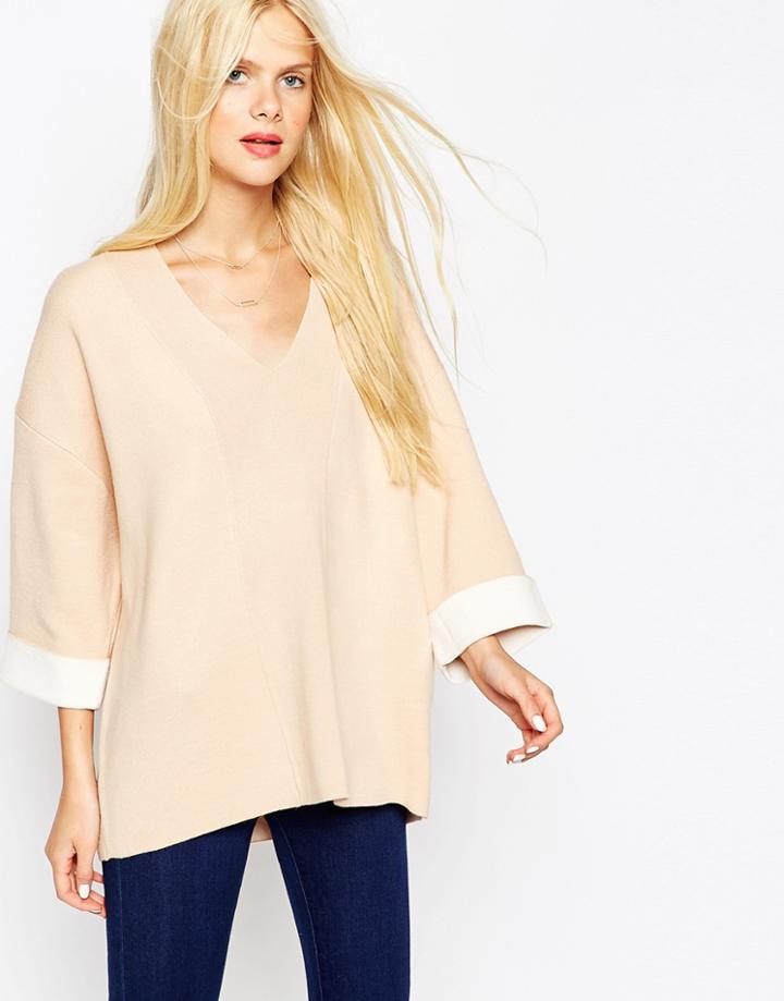 Asos Sweater In Bonded Knit With Deep V-neck - Nude