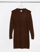 Vila Knitted Sweater Dress With Shoulder Detail In Brown