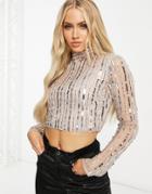 Starlet High Neck Long Sleeve Embellished Top In Silver