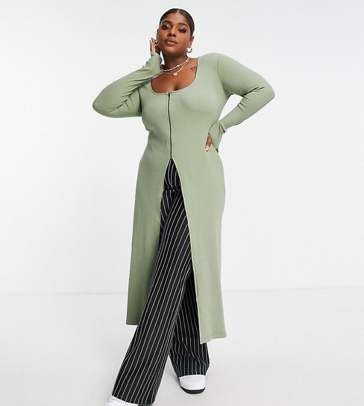 Asos Design Curve Midi Split Front Ribbed Cardigan With Zip In Light Khaki-green