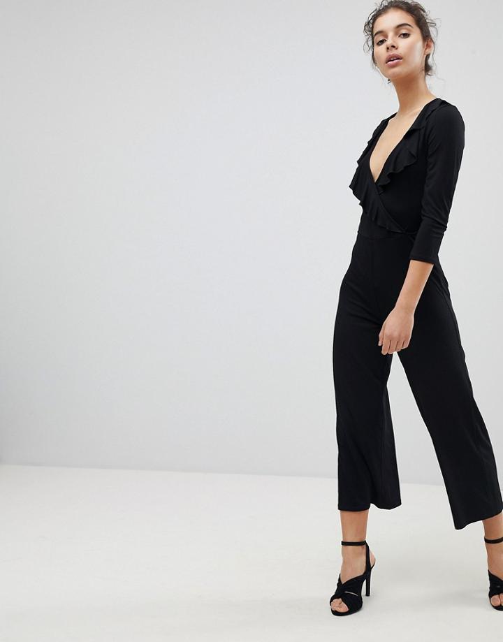 Miss Selfridge Ruffle Front Wrap Jumpsuit - Black