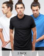 Asos 3 Pack Polo Shirt In Black/blue/white - Multi