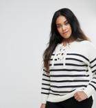 Brave Soul Plus Agatha Lace Up Sweater In Stripe - Cream