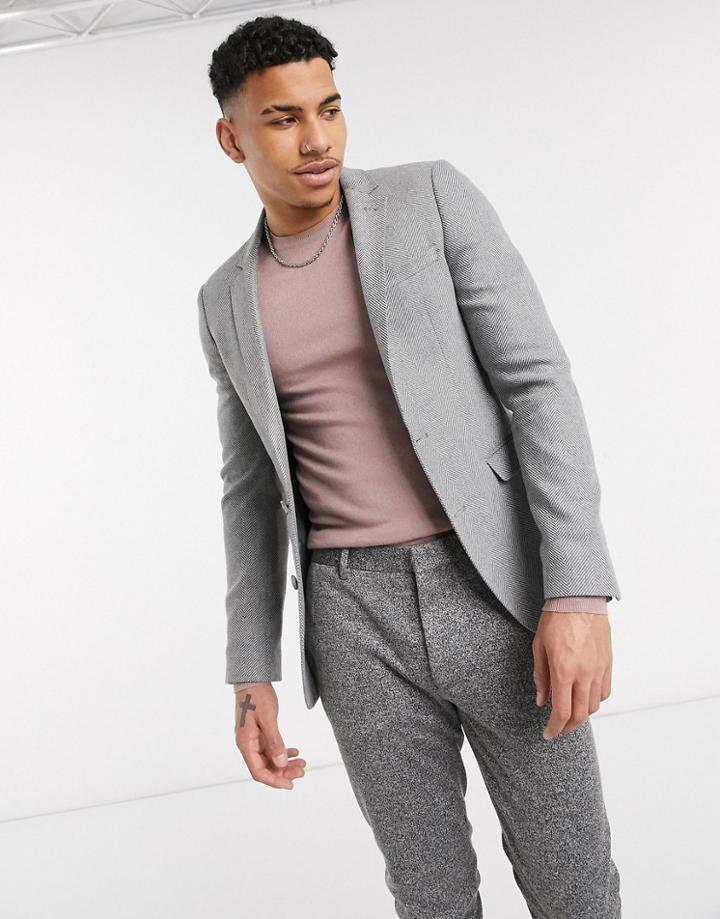 Asos Design Super Skinny Wool Mix Blazer In Gray Wide Herringbone-grey