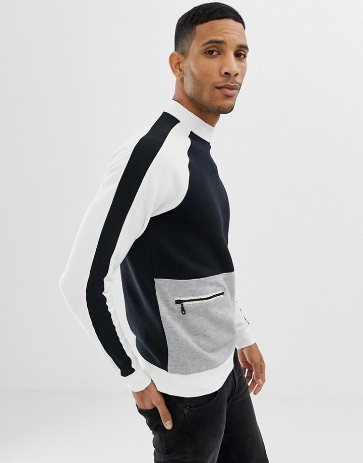 Only & Sons Sweatshirt With Mixed Panels And Front Pockets - Black