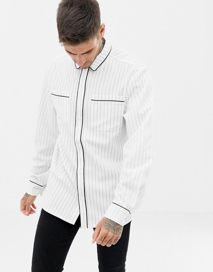 Boohooman Regular Fit Shirt With Piping Detail In White Stripe - White