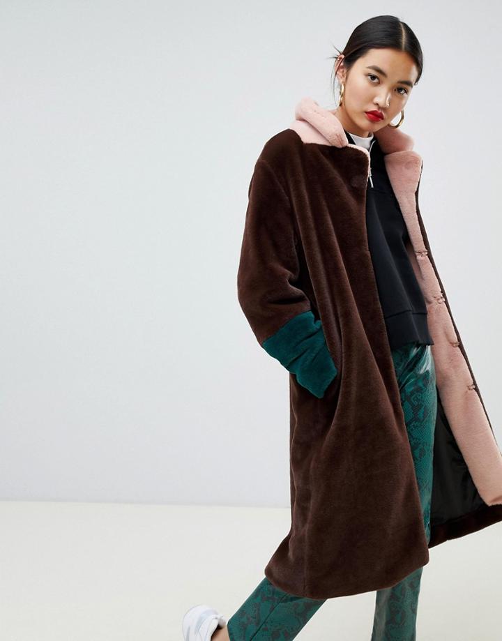 Na-kd Faux Fur Midi Color Block Coat In Brown - Brown