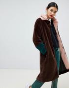 Na-kd Faux Fur Midi Color Block Coat In Brown - Brown