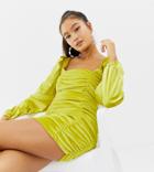 Collusion Ruched Bodycon Mini Dress In Velvet - Yellow