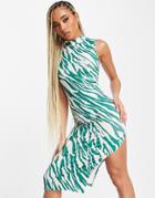 Simmi High Neck Slit Detail Midi Dress In Green Animal Print-multi