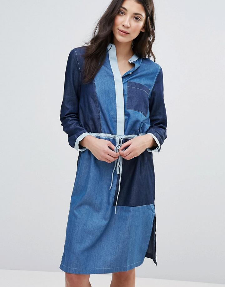 Neon Rose Paneled Denim Shirt Dress - Blue