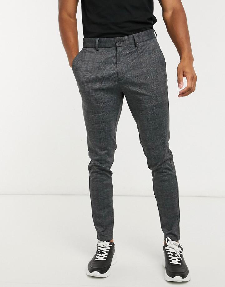 Jack & Jones Intelligence Slim Fit Jersey Pants In Dark Gray Check-grey