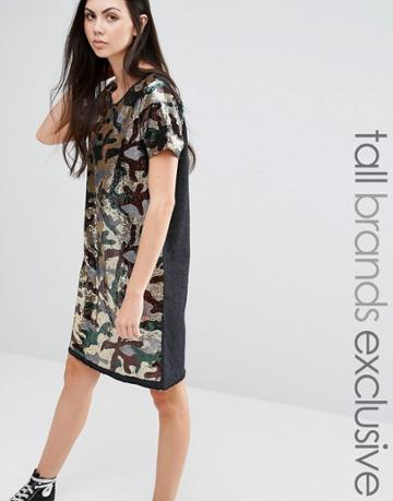Liquor & Poker Tall Sequin Oversized Dress In Camo Print - Green