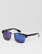 Asos Rectangle Retro Sunglasses With Blue Revo Lens - Black
