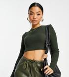 Noisy May Petite Ribbed Long Sleeve Crop Top In Dark Green