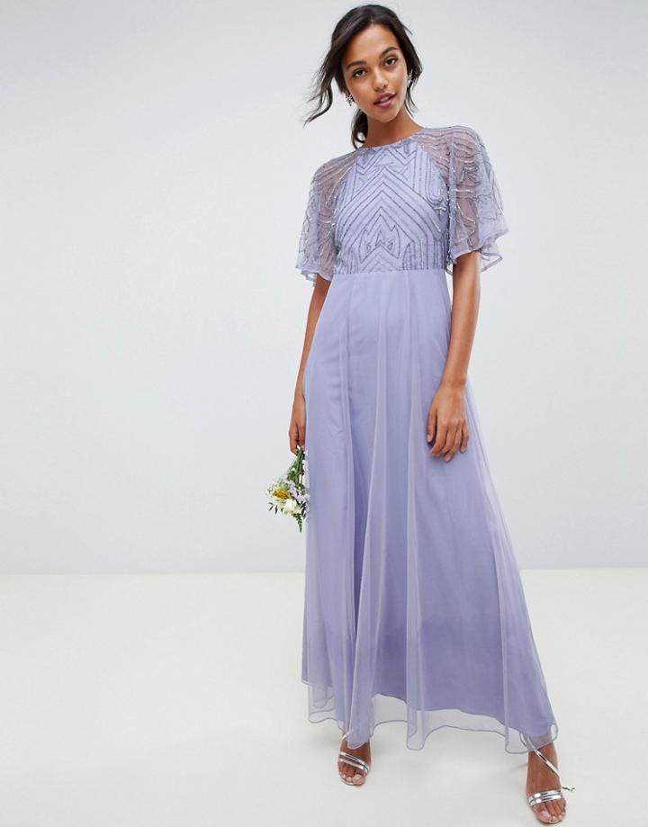 Asos Design Bridesmaid Delicate Embellished Angel Sleeve Maxi Dress - Blue
