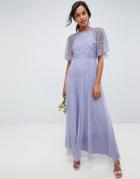 Asos Design Bridesmaid Delicate Embellished Angel Sleeve Maxi Dress - Blue