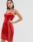 Katchme Satin Mini Dress With Sheer Lace Panels In Rust-red