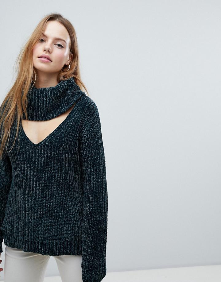 Qed London Ribbed Chunky Roll Neck Sweater - Blue