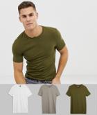 Asos Design Organic Muscle Fit Crew Neck T-shirt With Stretch 3 Pack Save - Multi